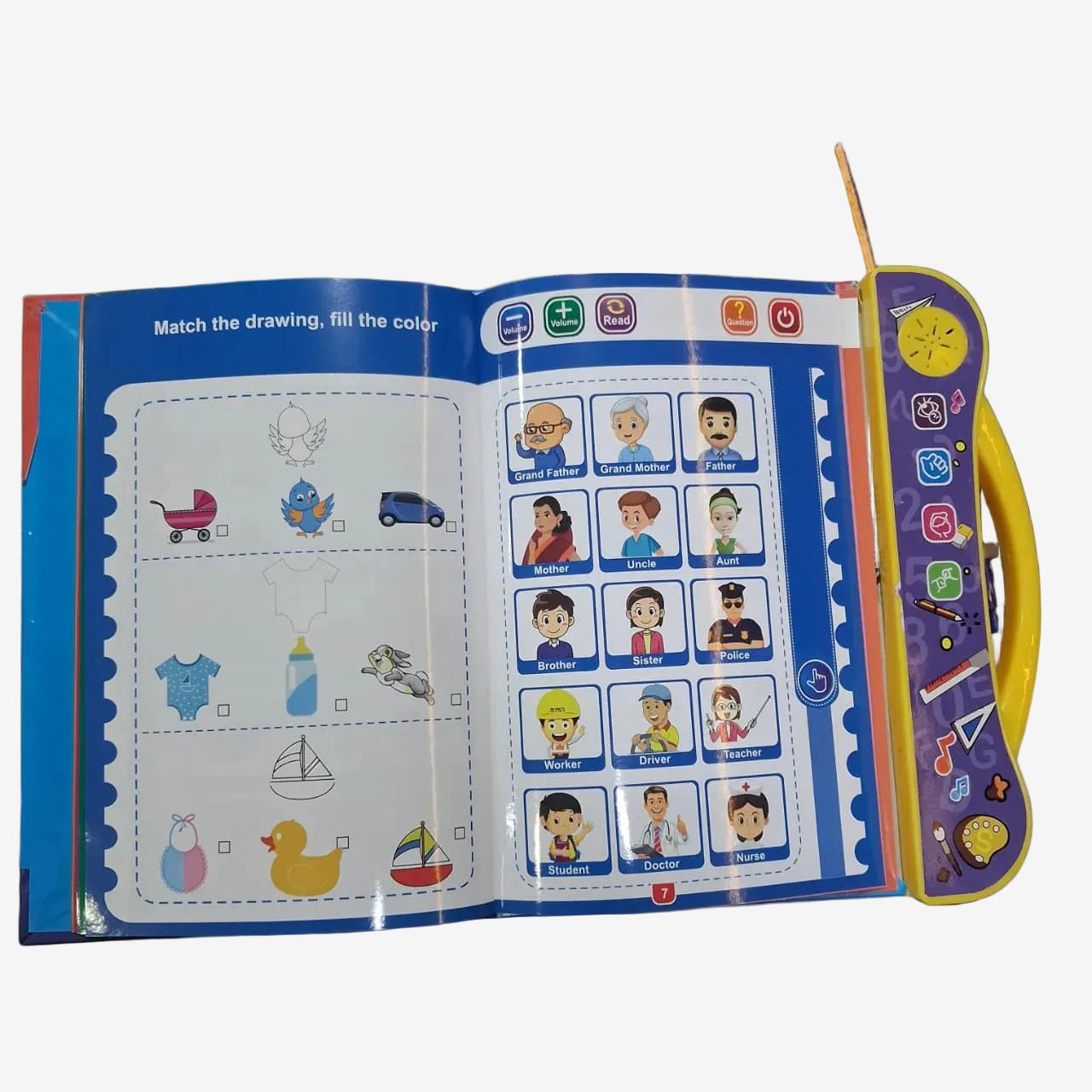 A children's electronic activity book with a blue cover, featuring matching exercises on one page and a colorful character selection panel on the other, shown open on a glass table with toys and boxes in the background.
