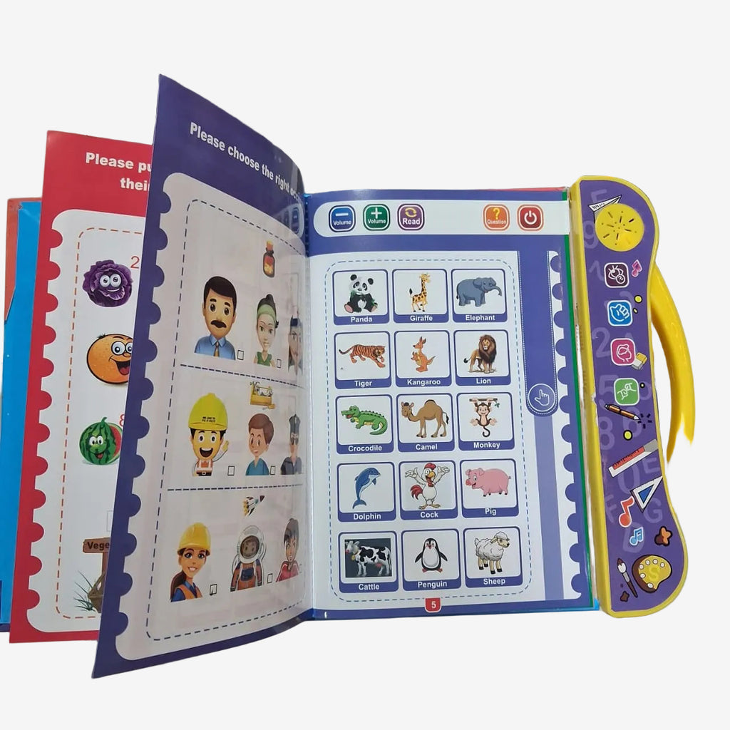 An open children's interactive book with colorful animal and character illustrations, photographed on a glass display counter with toys and boxes in the background.