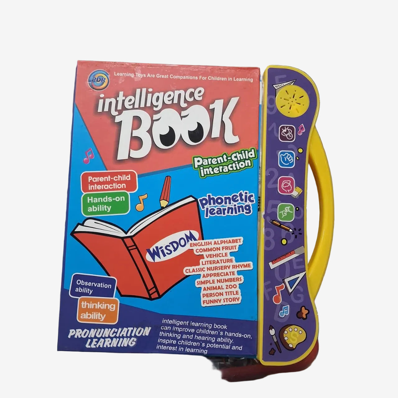 An educational toy set featuring a colorful 'intelligence book' box and a matching purple touch-style controller with a yellow handle, displayed on a shelf.