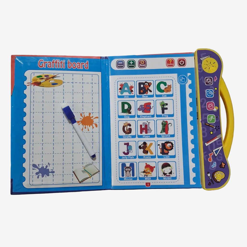 An open children's Graffiti board activity book with a blue grid writing area on the left and a colorful alphabet/character learning panel on the right, photographed on a glass display shelf.