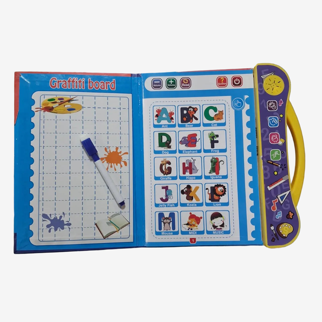 An open children's Graffiti board activity book with a blue grid writing area on the left and a colorful alphabet/character learning panel on the right, photographed on a glass display shelf.